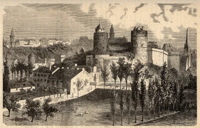 Fougères vista general - Bretaña - grabado en "Patria - Descripción pintoresca de Francia en 6 volúmenes" por Lucien Huard - finales del siglo XIX