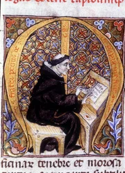 Fra Pietro di Pavia (Frere Pierre de Pavia), copista trabajando ("M"). Manuscrito del siglo XIV.