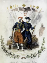 Francia y Piamonte, partidarios de la independencia italiana - grabado en color