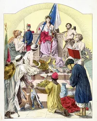 Francia, bajo los rasgos de Marianne, rodeada por sus colonias personificadas - en “Histoire de France”, por E. Grobet, c. 1915