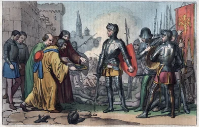 Francesco Ferrucci (1489-1530) recibe las llaves de la ciudad de Volterra - grabado de «Usi e Costumi di Tutti i Popoli dell