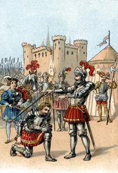 Francisco I de Francia solicitando ser armado caballero por el Caballero Bayard después de la victoria en la Batalla de Marignano, Italia.