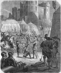 Francisco I de Francia solicitando ser armado caballero por el Caballero Bayard tras la victoria en la batalla de Marignano, Italia