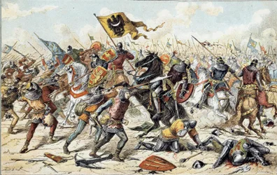 Guerra Franco-Inglesa (1202-1214): la Batalla de Bouvines el 27/07/1214 entre el ejército francés de Felipe Augusto y los flamencos y güelfos de Otón IV. La victoria francesa fue decisiva en el resultado de la guerra. Siglo XIX. París, Museo del Ejército
