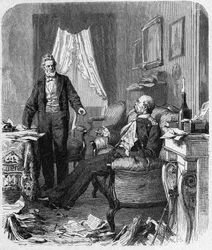 Guerra Franco-Prusiana (1870-1871) entrevista entre el Conde Bismarck y M. Jules Favre, septiembre de 1870 - entrevista política entre el Canciller Bismarck (1815-1898), Jules Favre (1809-1880) en Versalles en la casa de Madame Jesse - grabado del siglo XI