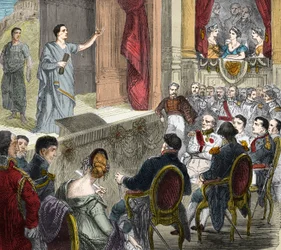François-Joseph Talma (1763-1826), comediante francés, interpretando "La Muerte de César", tragedia en tres actos de Voltaire en Erfurt ante un parterre de reyes que incluye a Napoleón I y Alejandro I, zar de Rusia (1777-1825). Grabado