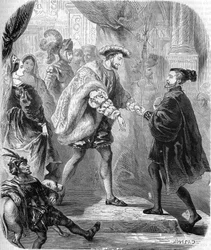 Francisco I, Rey de Francia (1494-1547) y Carlos V (1500-1558) se encontraron en el Castillo de Chatellerault en enero de 1540. En “Historia popular de Francia”, sd. circa 1885. Grabado.