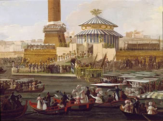 Francisco I de las Dos Sicilias (1777-1830) y su esposa María Isabel de España (1789-1848) en una ceremonia en el arsenal de Nápoles (Pintura anónima del siglo XIX) Nápoles, Museo Nacional de San Martino
