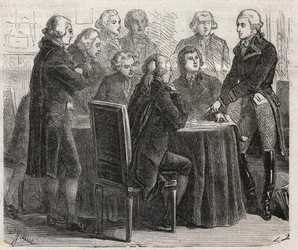 Revolución Francesa: el Conde Louis Marie de Narbonne-Lara (1755-1813) mostrando sus planes en los comités de la asamblea - Grabado en “El Mundo Ilustre”