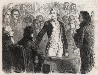 Revolución francesa: el general Gilbert du Motier de La Fayette (1757-1834) renuncia al mando de la Guardia Nacional - grabado en «Le Monde Illustré»
