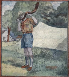Scout francés haciendo sonar el rally en un campamento en Hungría (Scout francés) Ilustración de "Le pelerin" 20/8/1933 Colección particular