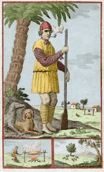 Bucanero francés de Santo Domingo (Haití). Grabado en “Histoire des Aventuriers Flibustiers et Boucaniers Signales Dans Les Indes” de Alexandre Olivier Exquemelin (1645-1710)
