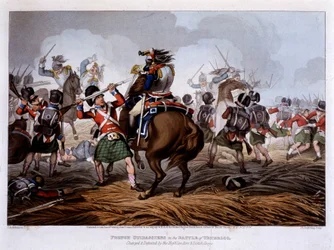 Coraceros franceses en Waterloo - en "Anecdotas históricas, militares y navales e incidentes que llegaron a las armas de Gran Bretaña y sus aliados, terminando en Waterloo" - por Edward Orme, il. por Fry, Londres