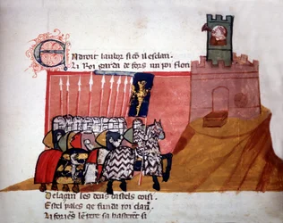 Caballeros franceses llegando frente a un castillo. Manuscrito del siglo XIII