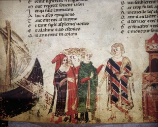 Mercader francés en Venecia. Miniatura del «Roman de Troie» de Benoît de Sainte-Maure. Siglo XIV, Biblioteca Marciana, Venecia