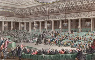 Revolución francesa - La Asamblea Nacional renuncia a todos los privilegios, 4 de agosto de 1789, grabado por Helman