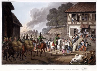 Tropas francesas en retirada y saqueando un pueblo - en “Anecdotas Históricas, Militares y Navales...” de Edward Orne