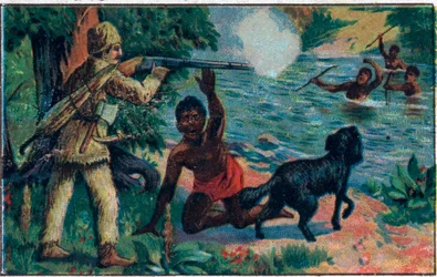 La liberación de Viernes. Ilustración para el libro de Daniel Defoe “Robinson Crusoe”. Cromolitografía de finales del siglo XIX.