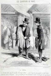 Fripier del distrito del templo en París tratando de vender ropa a un hombre. Grabado del siglo XIX.