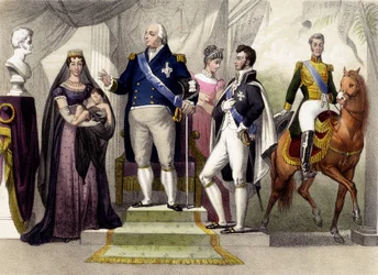 De 1814 a 1830. El duque y la duquesa de Berry, Luis XVIII, el duque de Burdeos, la duquesa de Angulema y Carlos X. Grabado del siglo XIX