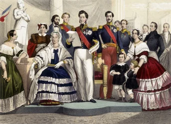 De 1830 a 1848. Princesa María, María Amalia, Luis Felipe I, el Conde de París, el Duque de Chartres y la Princesa Helena. Grabado del siglo XIX