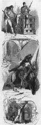 De arriba a abajo: El Duque de Alençon encerrado en una jaula de hierro (1481), El Conde de Armagnac golpeado bajo los ojos de su esposa (1473) y la tortura del Duque de Nemours (1477). Grabado del siglo XIX