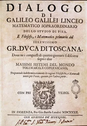 Frontispicio de "Diálogo sobre los dos máximos sistemas del mundo" encargado por el Papa Urbano VIII al astrónomo y físico Galileo Galilei alrededor de 1620 y publicado en 1632