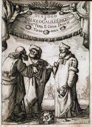 Frontispicio de Diálogo sobre los dos máximos sistemas del mundo encargado por el Papa Urbano VIII al astrónomo y físico Galileo Galilei alrededor de 1620 y publicado en 1632