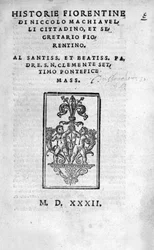 Frontispicio de “Historie Fiorentine di Niccolo (di Bernardo dei) Machiavelli