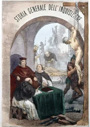 Frontispicio de La Historia General de la Inquisición por Pietro Tamburini con una ilustración que representa escenas de la inquisición simbólica. Milán 1850
