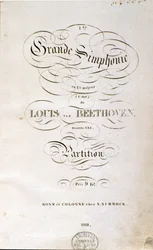 Frontispicio de la primera edición alemana de la partitura de la Sinfonía n. 1 en Do mayor del compositor alemán Ludwig van Beethoven (1799-1800). Bonn.