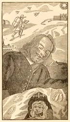 Frontispicio de El progreso del peregrino de este mundo, al que está por venir de John Bunyan (1628-1688) mostrando al autor soñando con el peregrino cristiano cargado con el conocimiento de su pecado