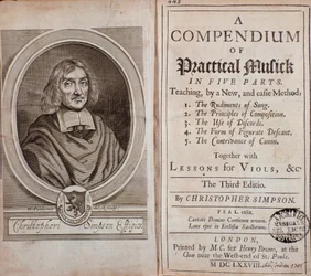 Portada del Compendio de música práctica en cinco partes con lecciones de viola da gamba por Cristopher Simpson