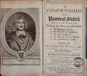 Portada del Compendio de música práctica con retrato de Christopher Simpson