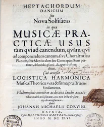 Frontispicio de Heptachordum danicum por John Michael Corvinus