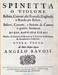 Portada de la partitura musical de Balletti, correnti alla francese opus 3 de Giovanni Battista Vitali