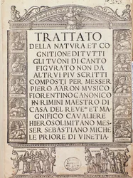 Frontispicio o página de título de Trattato della natura e Cognizione di tutti gli duoni di canto figurato de Pietro Aron