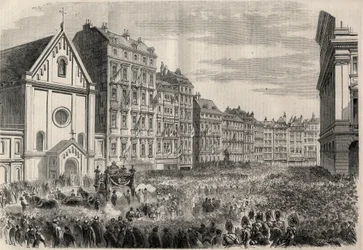 Funeral del Emperador Maximiliano I de México (1832-1867): llegada del cortejo fúnebre frente a la Iglesia de los Capuchinos de Viena. Grabado en “L
