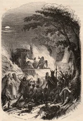 Funeral de un jefe germano en la antigüedad: su cuerpo es quemado con sus armas y su caballo. Grabado de 1868 en “Histoire de Belgique desde los tiempos primitivos hasta el final del reinado de Leopoldo I” de Theodore Juste (1818-1888). Colección privada.