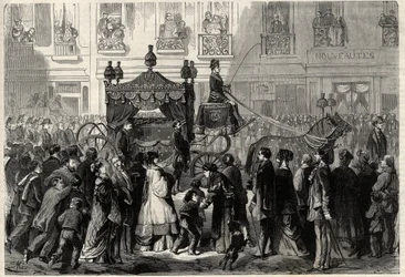 Cortejo fúnebre durante las exequias de Gioacchino Rossini (1799-1868) en París. Grabado en “L