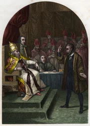Galileo Galilei (1564-1642) ante el Papa Urbano VIII en 1633. Grabado de 1842 en "Histoire des popes" por Maurice Lachatre. Colección privada.