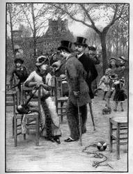 Conversación galante entre dos hombres y una joven, todos muy elegantes, en el Jardín de las Tullerías en París durante el verano. Grabado en "Le Monde Illustré"