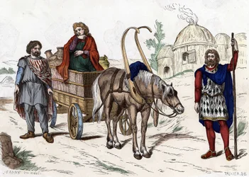 Vivienda gala, mujer, campesino, carro, agricultor rico, arnés - en “Les Costumes civil et militaires des Français dans travers les siècles Paris F. Roy 1882”.