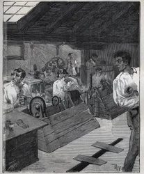 Dorado galvánico: raspado de joyas de oro con un raspador. Grabado de 1885 en “Les arts et métiers illustrés” de Adolphe Bitard.