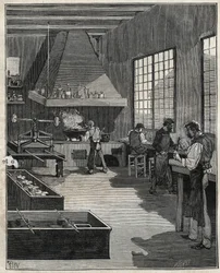 Orfebrería galvánica: preparación de moldes. Grabado de 1885 en “Les arts et métiers illustrés” de Adolphe Bitard.