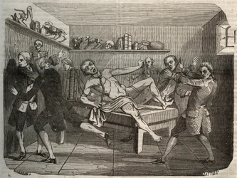 Galvanización del cadáver de un verdugo con la pila de Alessandro (Alexandre) Volta: bajo la influencia de la electricidad, el cadáver parece volver a la vida. Grabado de 1856 en 
