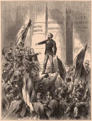 Gambetta, en las escaleras del Hotel de Ville en París, proclamando la República tras la captura de Napoleón III en la batalla de Sedán en la Guerra Franco-Prusiana de 1870