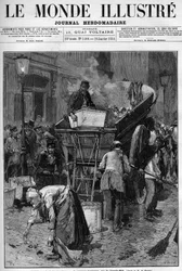 Caja de basura, el nuevo camión en la rue du Cherche Midi en París. Hombres y mujeres recogiendo desechos en una calle de París para ponerlos en un carro, limpiando así la vida. Grabado en “Le Monde Illustré”.