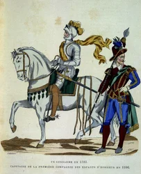 Gendarme en 1593 y capitán de la 1ª compañía de los niños de honor en 1596 - en “La France et les français” de Challamel