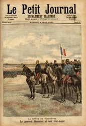 El General Felix Gustave (Felix-Gustave) Saussier (1828-1905) y su estado mayor revisaron las tropas en Vincennes. Grabado en “Le petit journal illustrado” 09/05/1891. Colección Selva